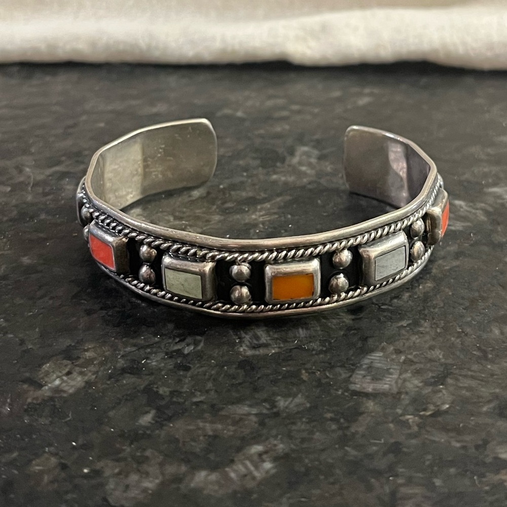 Sterling Silver Turquoise and Stone Cuff Bracelet